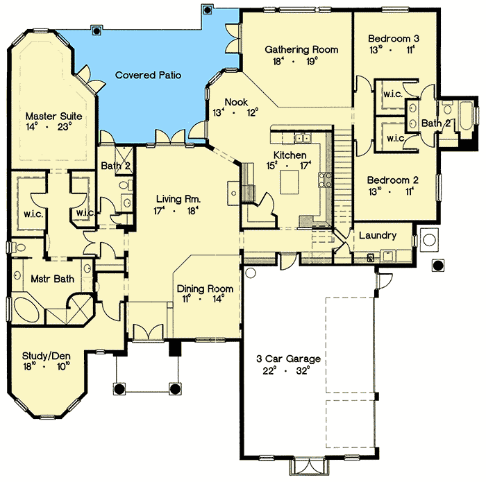 Plan 4207MJ: Game Room and a Bonus Room - Floor Plan - Main Level - Florida-Style, Mediterranean, Spanish