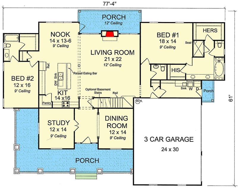 Plan 42170WM: 4 Bedroom Farmhouse Plan with Formal and Informal Dining and a Private Office - 3008 Sq Ft - Floor Plan - Main Level - Country, Farmhouse, Traditional