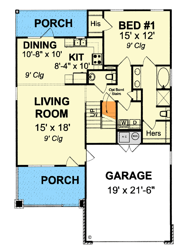 Plan 42231WM: Simple 3-Bed Cottage House Plan with Open Floor Plan - 1460 Sq Ft - Floor Plan - Main Level - Cottage, Country, Craftsman