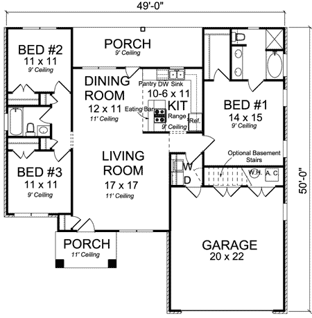 Plan 42240WM: Three Bedrooms or Four - Floor Plan - Main Level - Ranch, Traditional