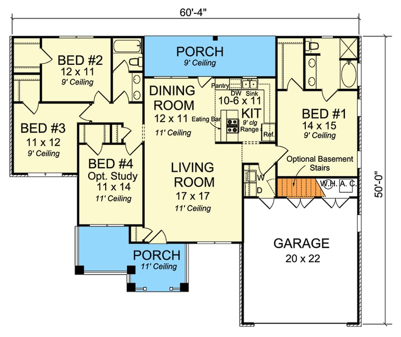 Plan 42241WM: Four Bedrooms or Three - Floor Plan - Main Level - Ranch, Traditional