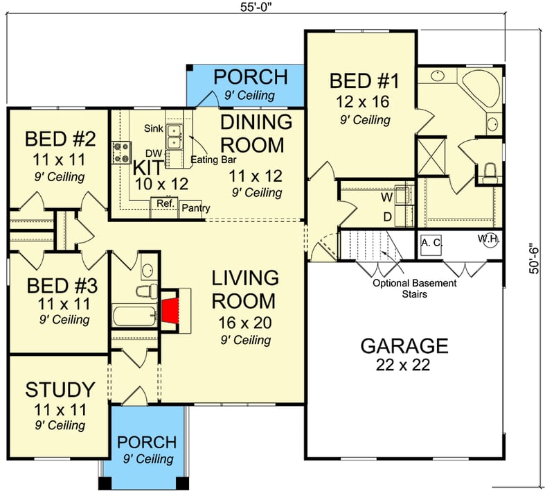 Plan 42270WM: Split Bedrooms with Study - Floor Plan - Main Level - Craftsman