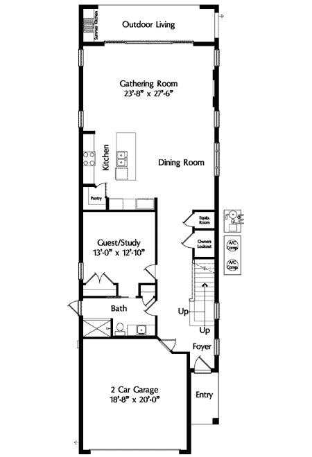 Plan 42823MJ: Narrow Lot Mediterranean House Plan - 3152 Sq Ft - Floor Plan - Main Level - Florida-Style, Mediterranean