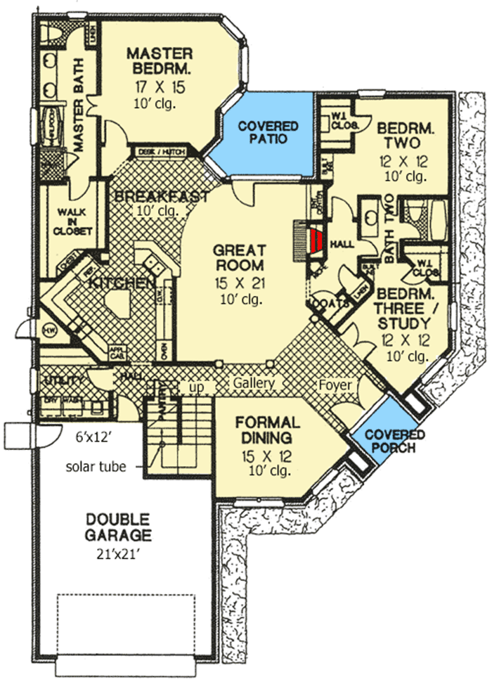 Plan 48121FM: Unique Angled Home Plan - Floor Plan - Main Level - European