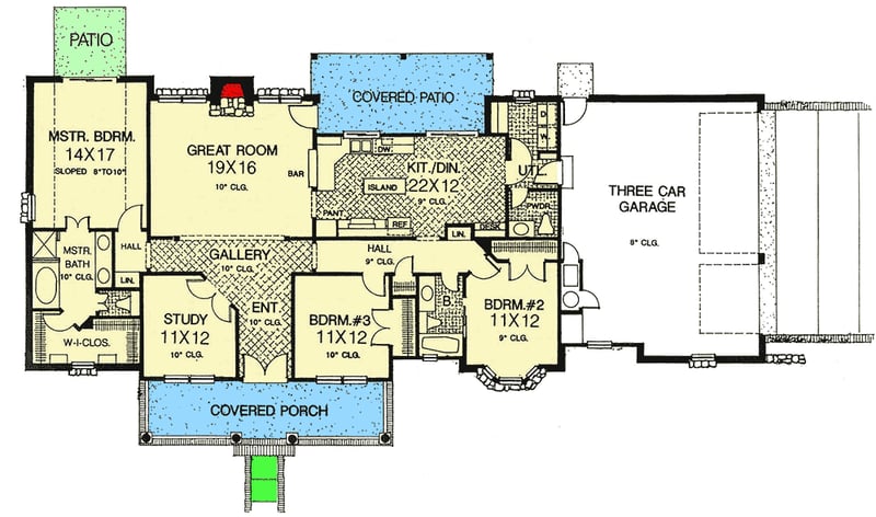 Plan 48171FM: Three Bedroom House Plan with Multiple Exteriors - 1902 Sq Ft - Floor Plan - Main Level - Country, Traditional