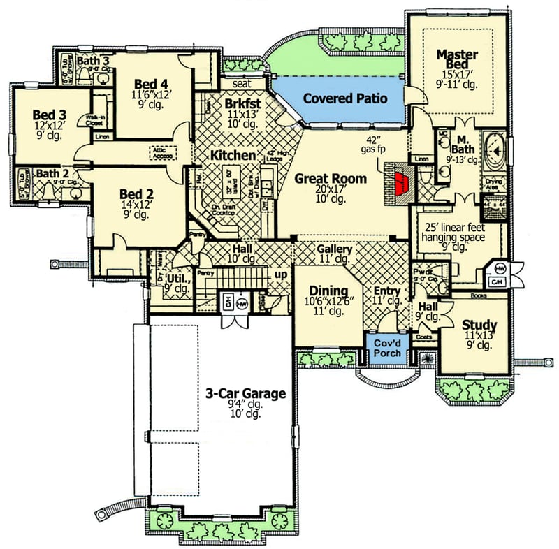 Plan 48401FM: European-Style 4-Bed House Plan with Private Master Suite - Floor Plan - Main Level - European, French Country