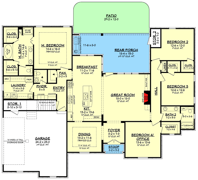 Plan 51701HZ: Flexible Acadian House Plan With Bonus Room - 2506 Sq Ft - Floor Plan - Main Level - Acadian, European, French Country, Louisiana-Style