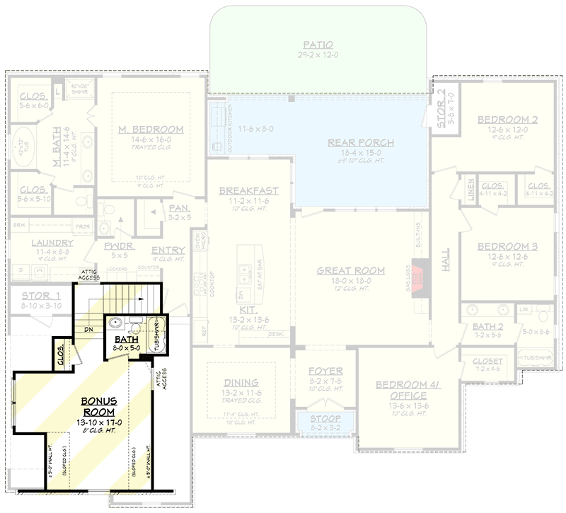 Plan 51701HZ: Flexible Acadian House Plan With Bonus Room - 2506 Sq Ft - Floor Plan - Bonus - Acadian, European, French Country, Louisiana-Style