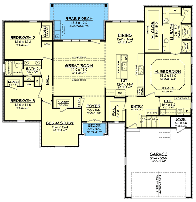 Plan 51722HZ: Flexible French Country House Plan with 3 to 5 Beds - 2180 Sq Ft - Floor Plan - Main Level - Acadian, French Country, Louisiana-Style, Southern