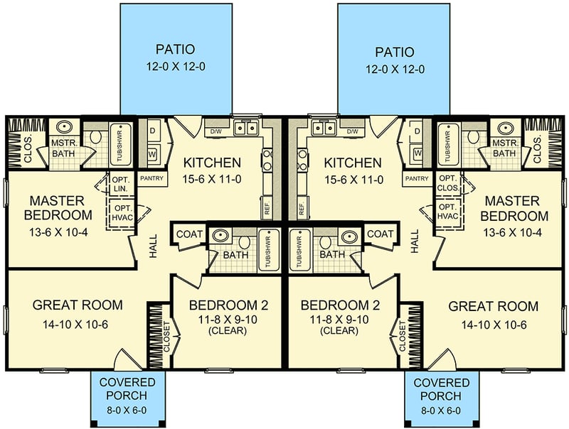 Plan 5183MM: Open Living Duplex with Flipped 825 Square Foot 2 Bed and 2 Bath Units - Floor Plan - Main Level - Ranch, Southern, Traditional