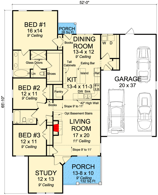 Plan 52220WM: Cottage with 3 Bedrooms and a 2-Car Garage - 1810 Sq Ft - Floor Plan - Main Level - Cottage, Country