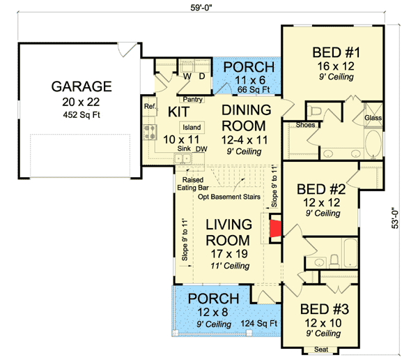 Plan 52226WM: Tidy 3 Bedroom Bungalow House Plan with 2-Car Garage - 1426 Sq Ft - Floor Plan - Main Level - Cottage, Country