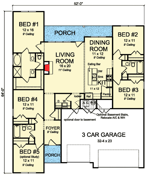 Plan 52247WM: Craftsman Cottage with Large Rear Porch - Floor Plan - Main Level - Country, New American, Traditional