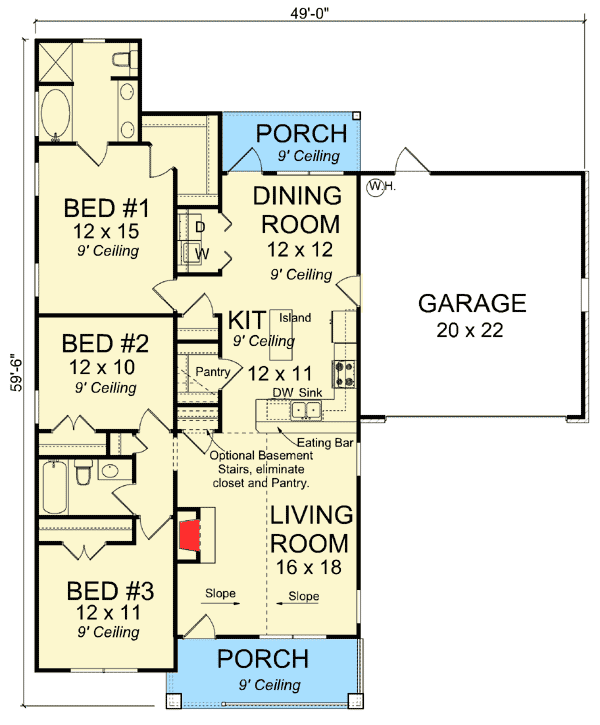 Plan 52251WM: 3 Bed Narrow Lot Cottage with Garage - 1397 Sq Ft - Floor Plan - Main Level - Cottage, Country