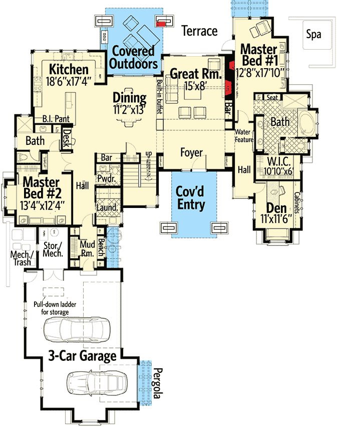 Plan 54203HU: Splendid Mountain Lodge With Two Masters - Floor Plan - Main Level - Craftsman, Mountain, Rustic
