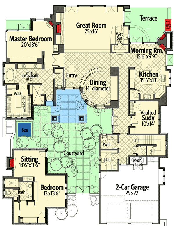 Plan 54206HU: Tuscan Dream Home with Casita - Floor Plan - Main Level - Mediterranean, Southwest, Spanish, Tuscan