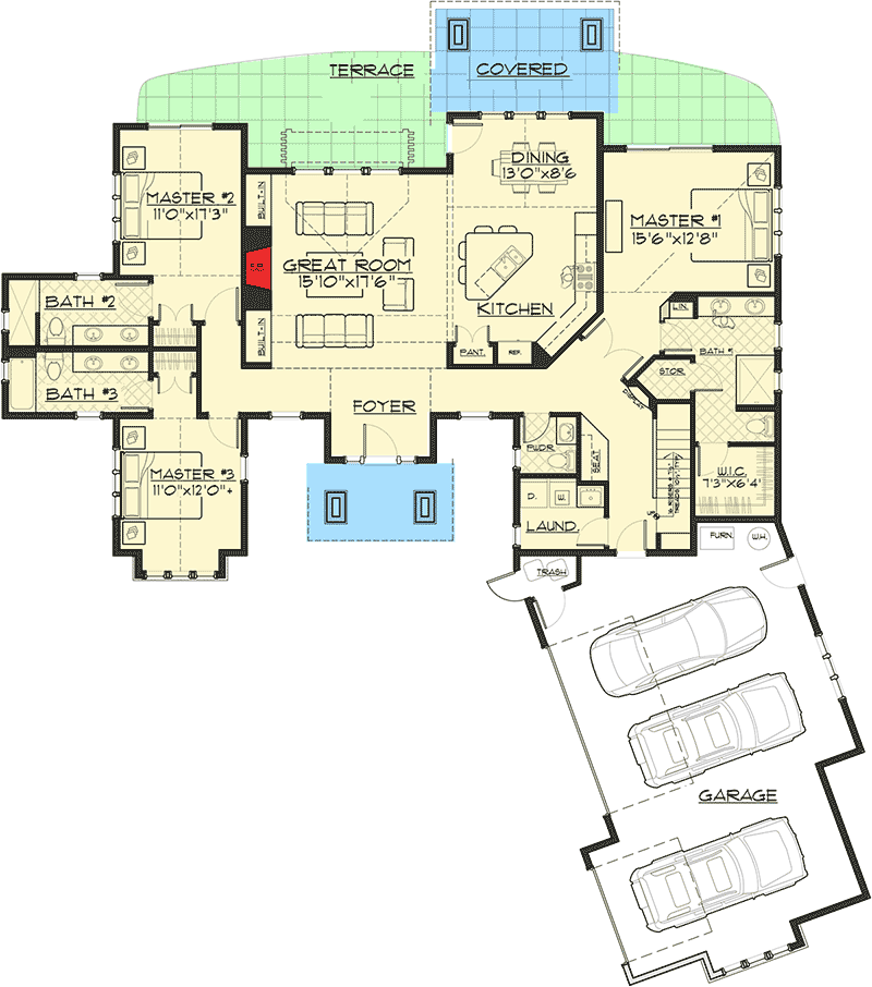 Plan 54220HU: Mountain Living with 3 Vaulted Bedrooms - 2536 Sq. Ft. - Floor Plan - Main Level - Craftsman, Mountain, Northwest, Ranch, Rustic, Transitional