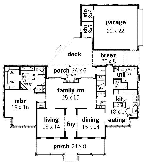 Plan 55067BR: Symmetrical Creole - Floor Plan - Main Level - Country, Southern, Traditional