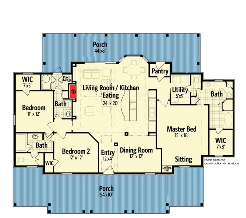 Plan 55155BR: Southern Style 3 Bed Raised Cottage - Floor Plan - Main Level - Cottage, Country, Southern, Traditional