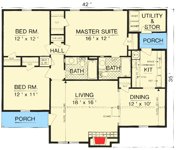 Plan 55164BR: 1200 Square Foot Contemporary 3-bed Home Plan - Floor Plan - Main Level - Contemporary, Ranch