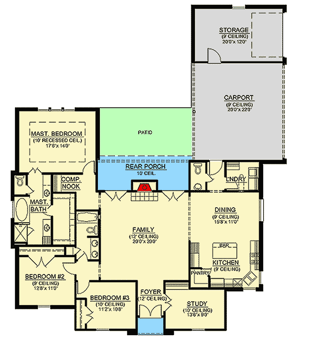 Plan 56318SM: 3 Bed Country French Home Plan - Floor Plan - Main Level - Acadian, European, French Country, Louisiana-Style, Southern