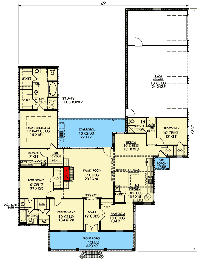 Plan 56338SM: Louisiana-style Charmer - Floor Plan - Main Level - Acadian, European, French Country, Louisiana-Style, Southern