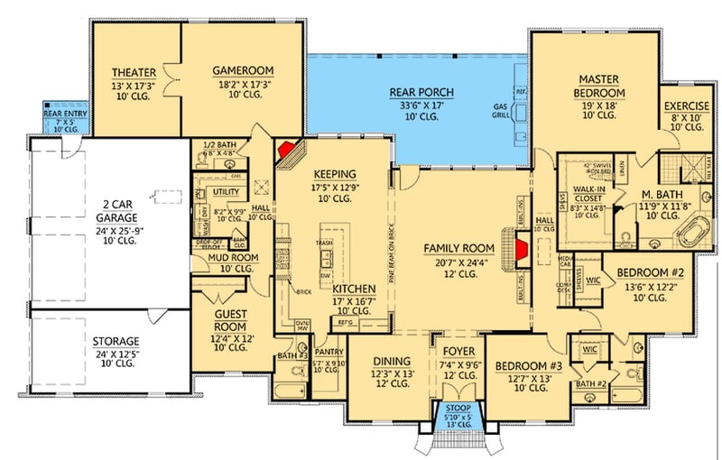 Plan 56342SM: French Country Home Plan with Wide Open Spaces - Floor Plan - Main Level - Acadian, European, French Country, Louisiana-Style, Southern