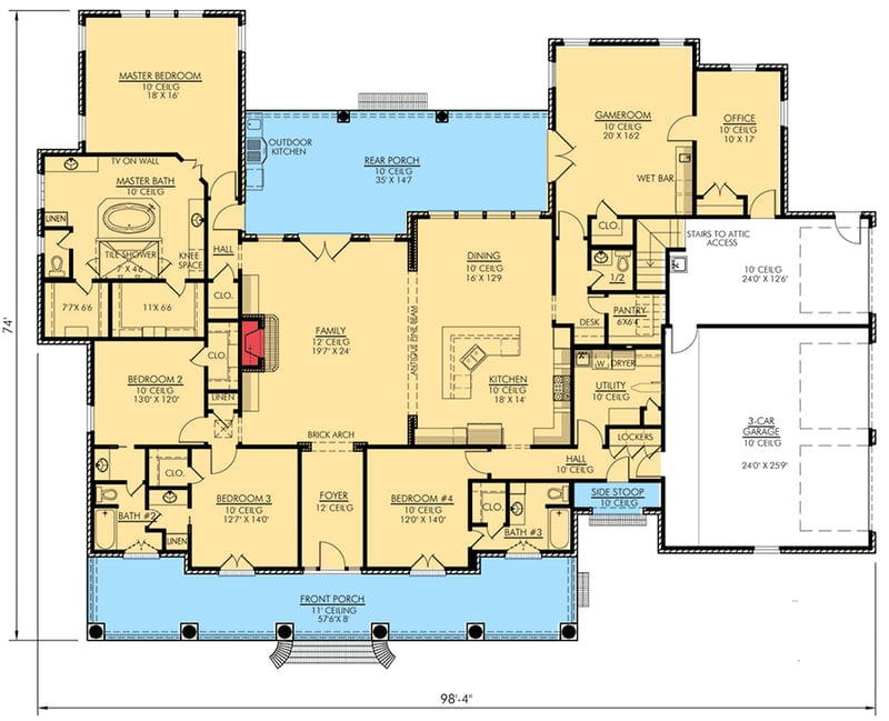 Plan 56360SM: French Country Home Plan with Grand Front Porch - Floor Plan - Main Level - Acadian, European, French Country, Louisiana-Style, Southern