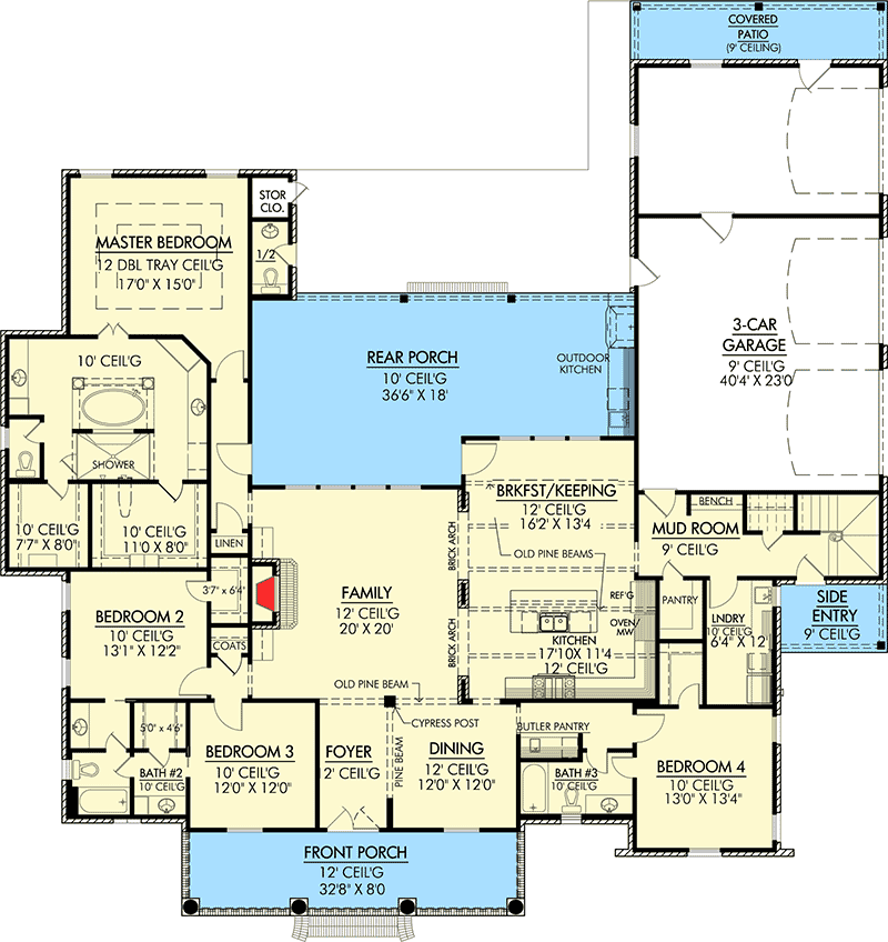 Plan 56367SM: 4-Bed Roomy French Country Home Plan - 3172 Sq Ft - Floor Plan - Main Level - Acadian, European, French Country, Louisiana-Style, Southern