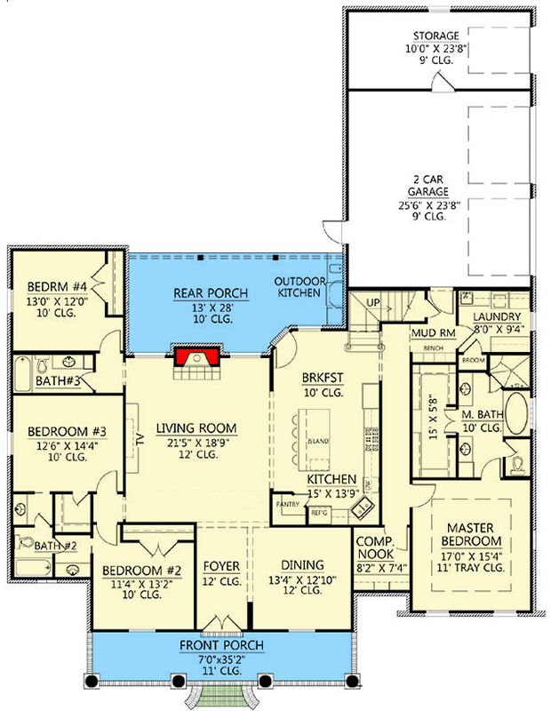 Plan 56378SM: 3 Bed Acadian House Plan With Optionally Finished Bonus Room Over Garage - Floor Plan - Main Level - Acadian, French Country, Louisiana-Style, Southern