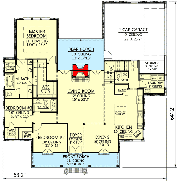 Plan 56379SM: Acadian House Plan With Great Rear Porch - Floor Plan - Main Level - Acadian, European, French Country, Louisiana-Style, Southern