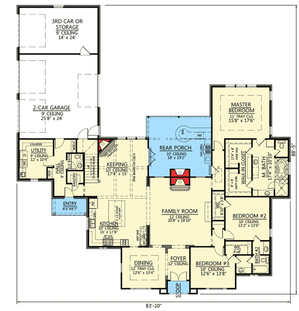Plan 56383SM: Acadian House Plan With Entertaining Back Porch  - 2966 Sq Ft - Floor Plan - Main Level - Acadian, European, French Country, Louisiana-Style
