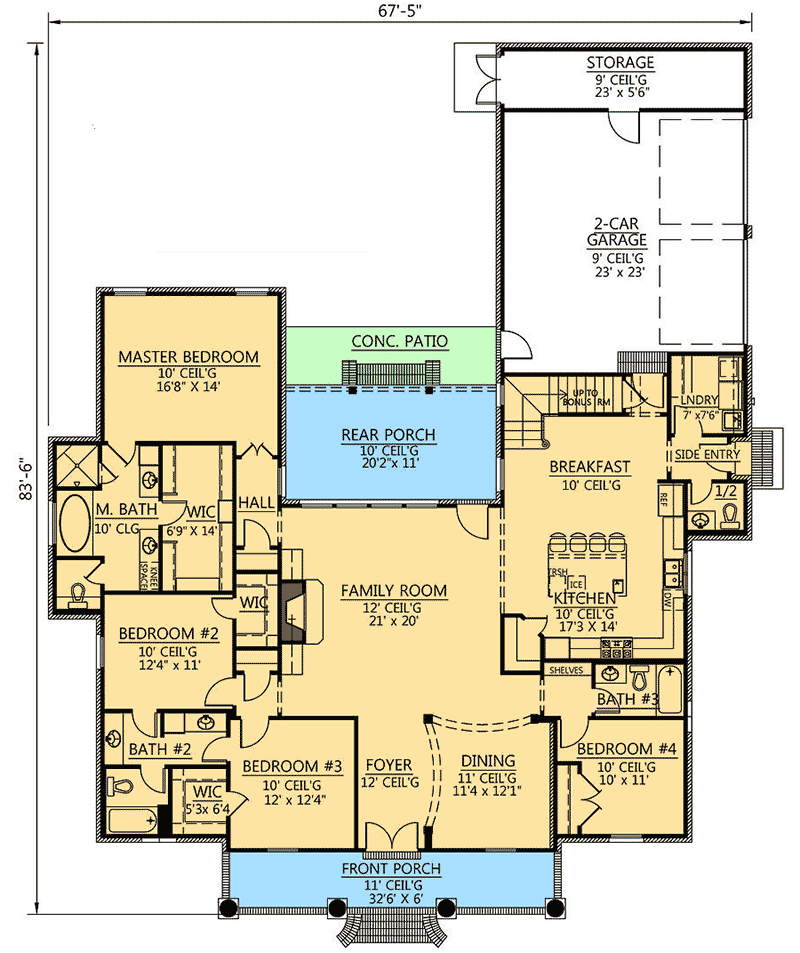 Plan 56399SM: 4 Bed Acadian House Plan with Bonus Room - Floor Plan - Main Level - Acadian, European, French Country, Louisiana-Style