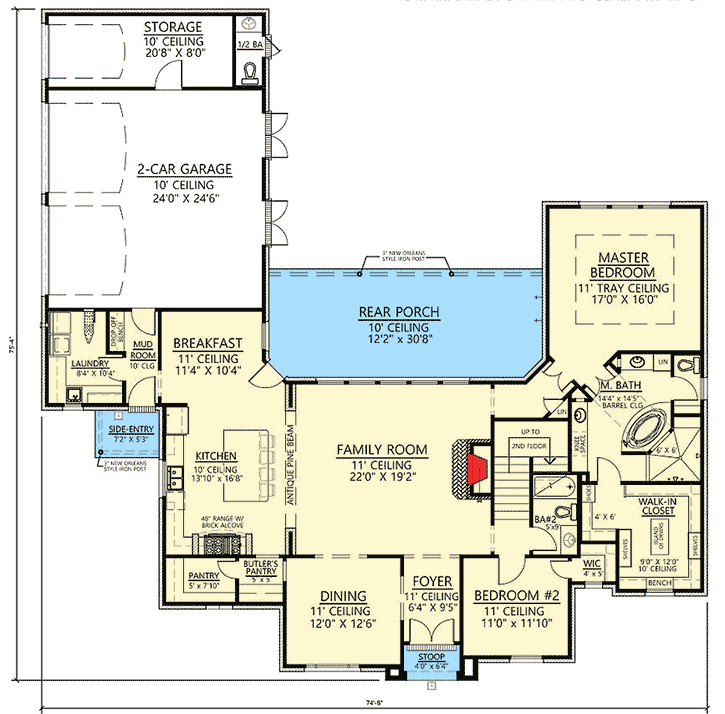 Plan 56404SM: Four Bed French Country Beauty - Floor Plan - Main Level - Acadian, European, French Country, Louisiana-Style