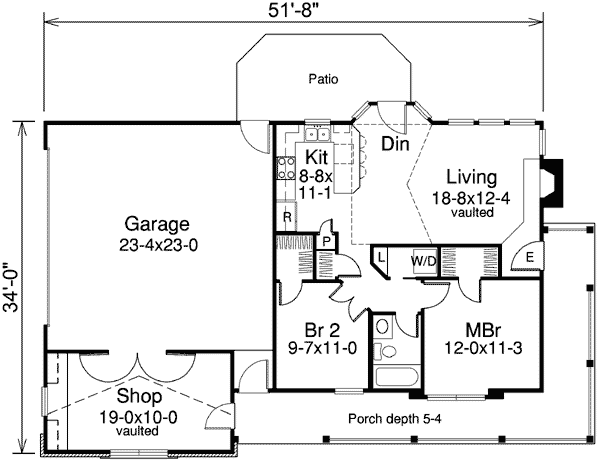 Plan 57105HA: Two Bedroom Cottage With Garage And Shop - Floor Plan - Main Level - Country