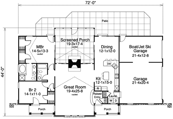 Plan 57107HA: Multiple Entrances and a Great Rear Porch - Floor Plan - Main Level - Country, Traditional
