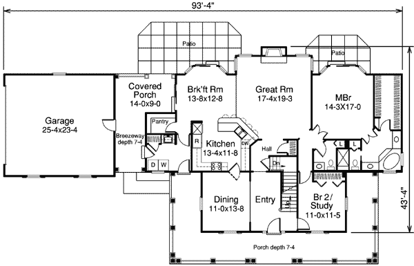 Plan 57116HA: Breezeway and Patios Showcase This Country Home Pl - Floor Plan - Main Level - Country, Farmhouse