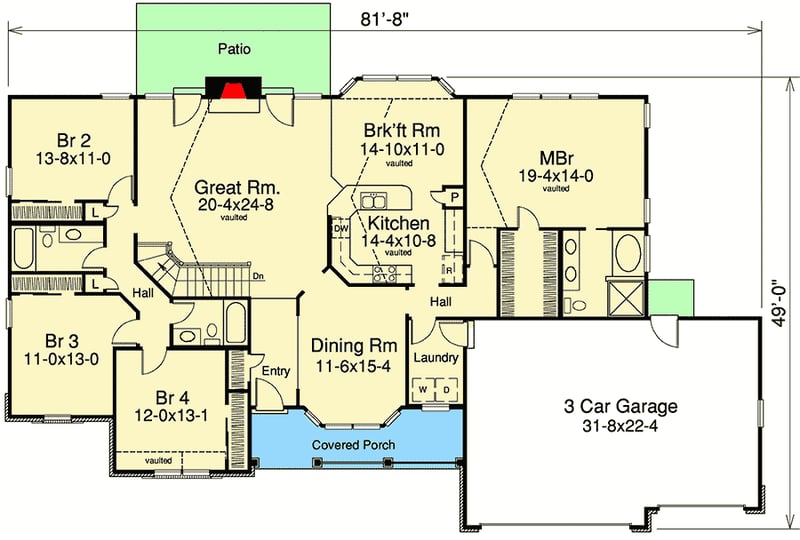 Plan 57143HA: Split Bedroom Country Ranch Home Plan - Floor Plan - Main Level - Country, Traditional