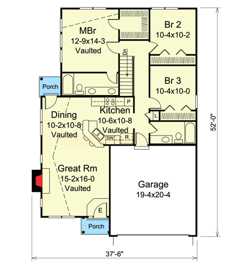 Plan 57294HA: Ranch Home with Vaulted Ceilings - Floor Plan - Main Level - Cottage, Traditional