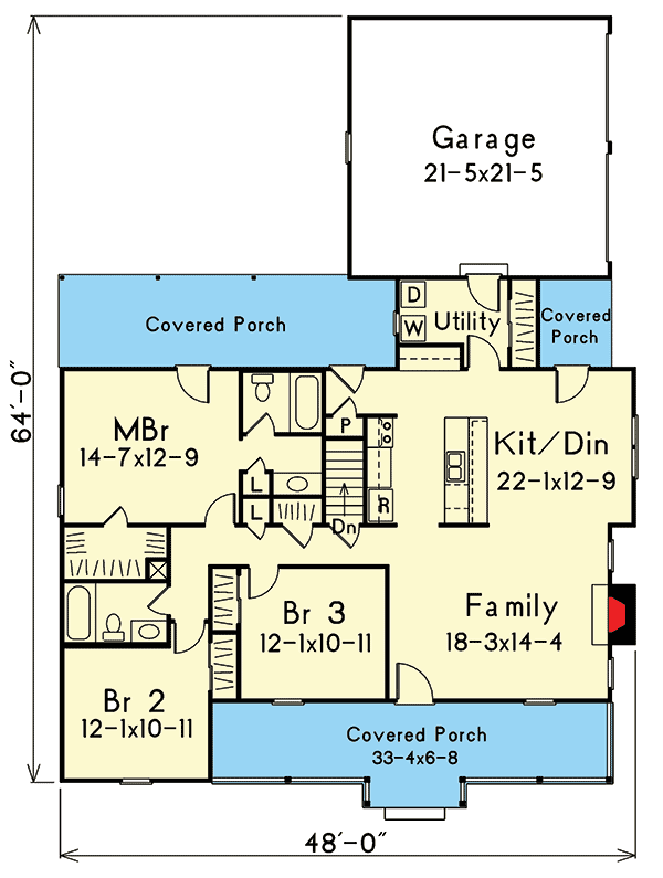 Plan 5730HA: 3-Bed Starter Home Plan with Large Front Porch - Floor Plan - Main Level - Country, Ranch