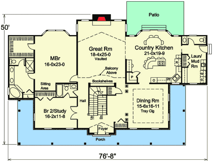 Plan 57308HA: Wraparound Porch and a Country Kitchen - Floor Plan - Main Level - Country