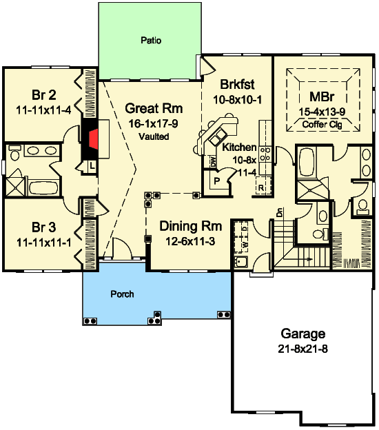 Plan 57323HA: 3 Bed Ranch with Alternate Exterior - Floor Plan - Main Level - Country, Ranch