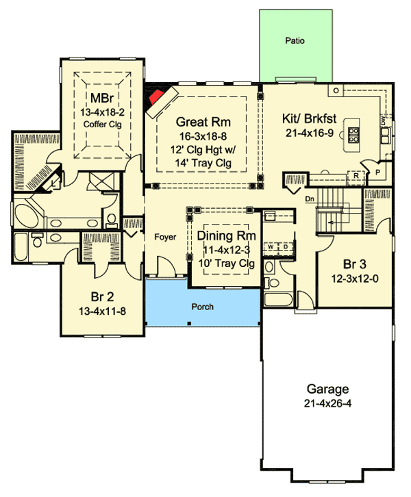 Plan 57327HA: Craftsman Ranch with 3 Beds and Tray Ceilings - Floor Plan - Main Level - Craftsman, Ranch