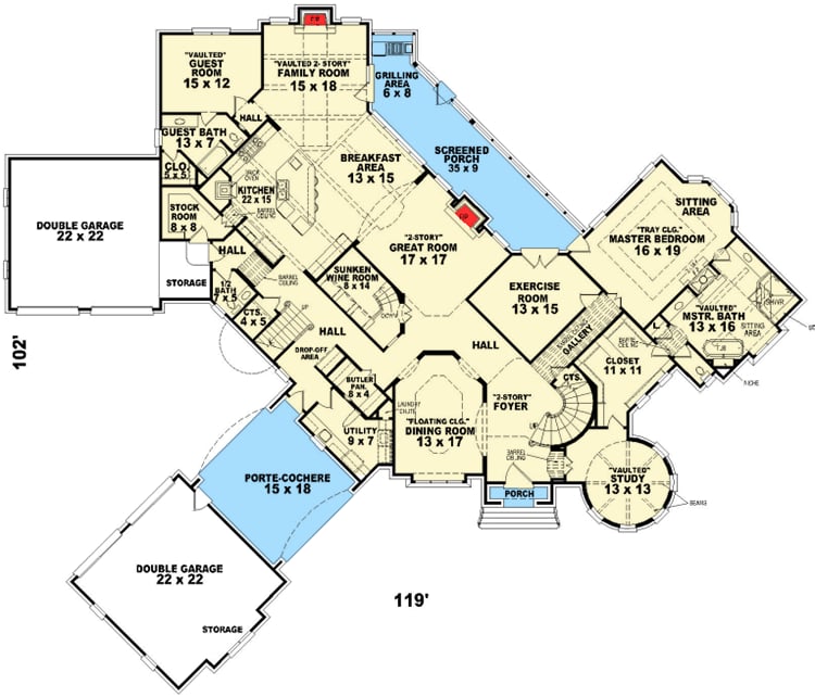 Plan 58452SV: European Estate - Floor Plan - Main Level - European, French Country