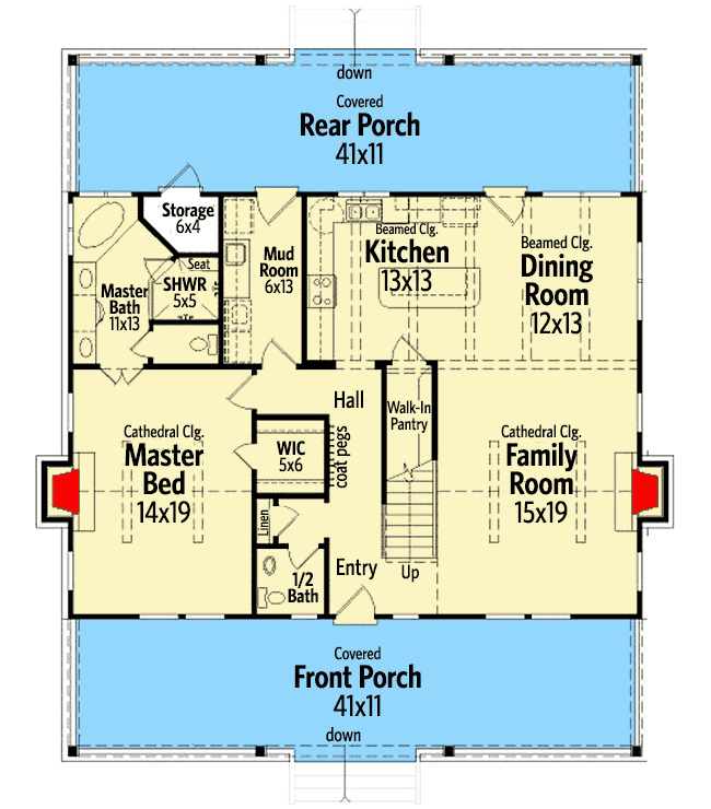 Plan 58555SV: Country Home Plan with Big Front and Rear Porches - Floor Plan - Main Level - Cabin, Cottage, Country, Rustic, Vacation