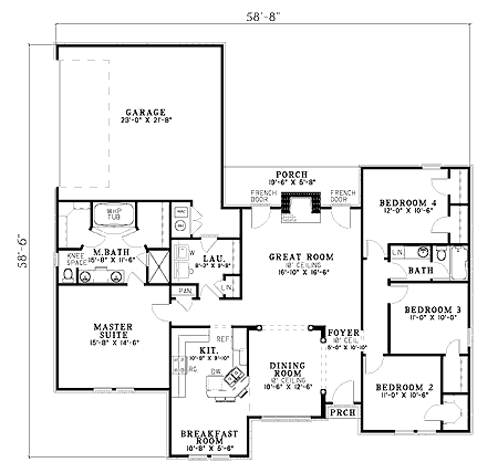 Plan 59116ND: Attractive 4 Bed Ranch Home Plan - Floor Plan - Main Level - Ranch, Traditional