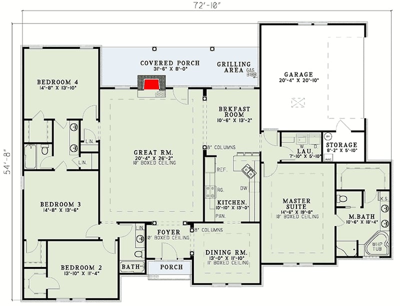 Plan 59117ND: 4-Bed Home Plan with Jack-and-Jill Baths - Floor Plan - Main Level - Ranch, Traditional