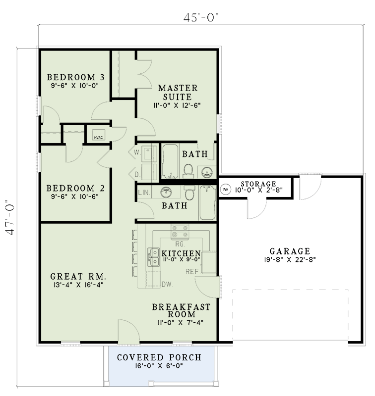 Plan 59137ND: 3 Bedroom House Plan with One Level Living - 1023 Sq Ft - Floor Plan - Main Level - Ranch, Traditional