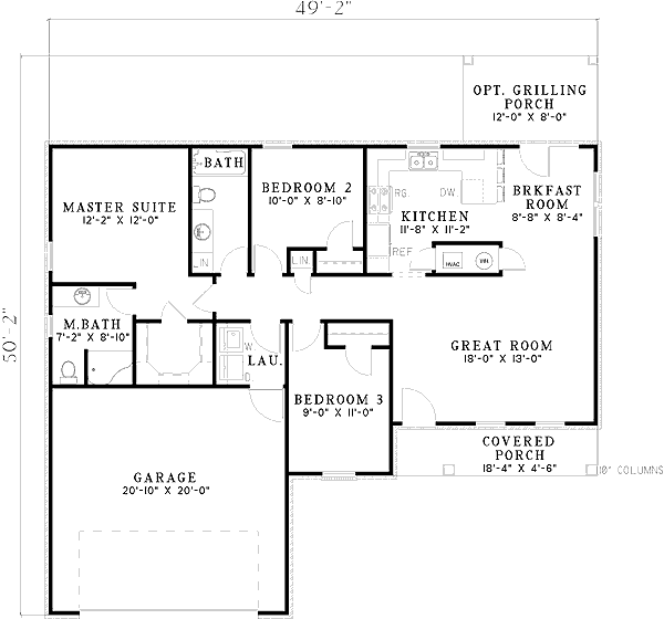 Plan 59138ND: 3 Bedroom Traditional House Plan with C-Shaped Kitchen - 1210 Sq Ft - Floor Plan - Main Level - Ranch, Traditional