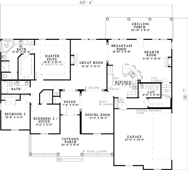 Plan 59148ND: Unique Windows and Cozy Front Porch - Floor Plan - Main Level - Southern, Traditional